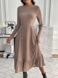 Ruffle Hem Ribbed A-line Dress, Elegant Crew Neck Long Sleeve Dress, Women's Clothing