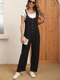 gbolsos  Button Front Overall Jumpsuit, Solid Sleeveless Casual Wide Leg Jumpsuit, Women's Clothing