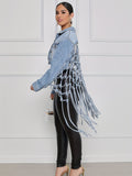 gbolsos  Back Woven Mesh Tassel Hem Denim Jacket, Hollow Out Knotted Cropped Denim Coats, Women's Denim Jackets & Clothing