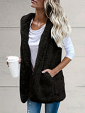 Solid Open Front Teddy Vest, Versatile Sleeveless Faux Fur Jacket For Fall & Winter, Women's Clothing