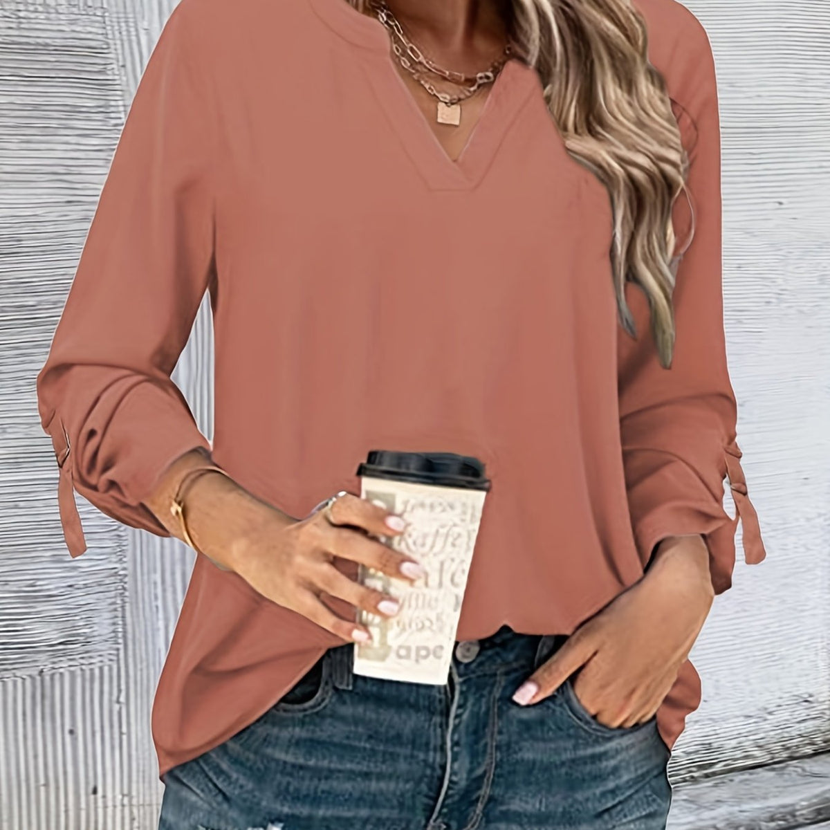 Solid Long Sleeve Blouse, V Neck Casual Every Day Top For Summer & Spring, Women's Clothing