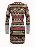 Ethnic Stripe Print Bodycon Dress, Casual Crew Neck Long Sleeve Dress, Women's Clothing