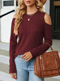 Solid Cold Shoulder T-Shirt, Casual Crew Neck Long Sleeve Top For Spring & Fall, Women's Clothing