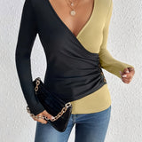 Color Block V-neck T-shirt, Casual Long Sleeve Slim T-shirt For Spring & Fall, Women's Clothing