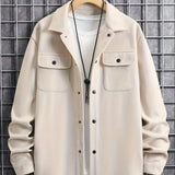 Plus Size Men's Solid Jacket With Pockets, Spring/autumn Button Up Jacket For Males, Men's Clothing