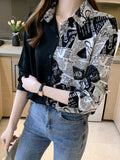 gbolsos  Color Block Letter Print Shirt, Button Down Long Sleeve Shirt, Casual Every Day Tops, Women's Clothing