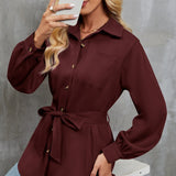 Button Front Basic Shirt, Casual Solid Long Sleeve Shirt, Women's Clothing