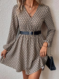 Allover Print Simple Dress, Casual V Neck Long Sleeve Dress, Women's Clothing