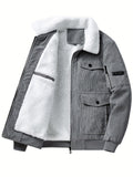 Men's Trendy Corduroy Jacket, Casual Lapel Zip Up Warm Fleece Coat For Outdoor Fall Winter