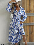 gbolsos  Floral Print Tiered Dress, Boho Button Front Long Sleeve Dress, Women's Clothing