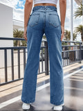 gbolsos  Blue Split Side Denim Pants, Slash Pockets High Waist Versatile Straight Jeans, Women's Denim Jeans & Clothing