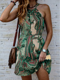 Paisley Print Tie Back Dress, Boho Shirred Waist Sleeveless Dress, Women's Clothing