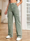 Washed Flap Pockets Cargo Pants, Loose Fit Y2K & Kpop Style Straight Jeans, Women's Denim Jeans & Clothing