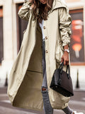 gbolsos  Plus Size Casual Coat, Women's Plus Solid Button Up Long Sleeve Hooded Overcoat With Big Pockets