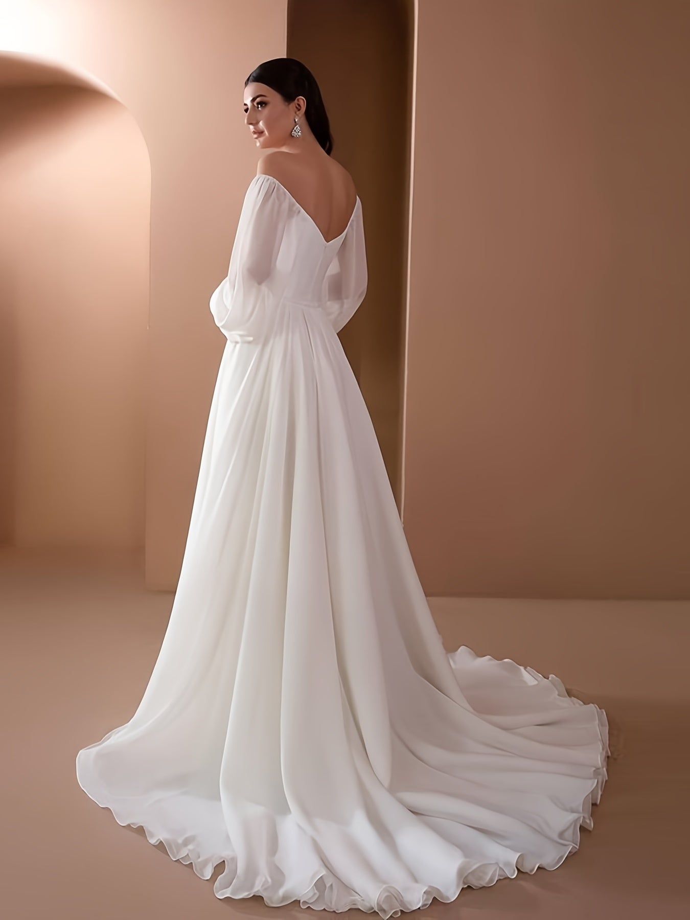 gbolsos  Off Shoulder Gown Wedding Dresses, Elegant Solid Ruched Mopping High Waist Dress For Wedding Party, Women's Clothing
