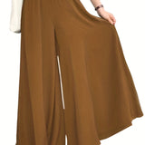 Plus Size Casual Pants, Women's Plus Solid Elastic High Rise Medium Stretch Loose Wide Leg Trousers