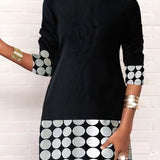 Color Block Printed Dress, Casual Crew Neck Long Sleeve A Line Dress, Women's Clothing