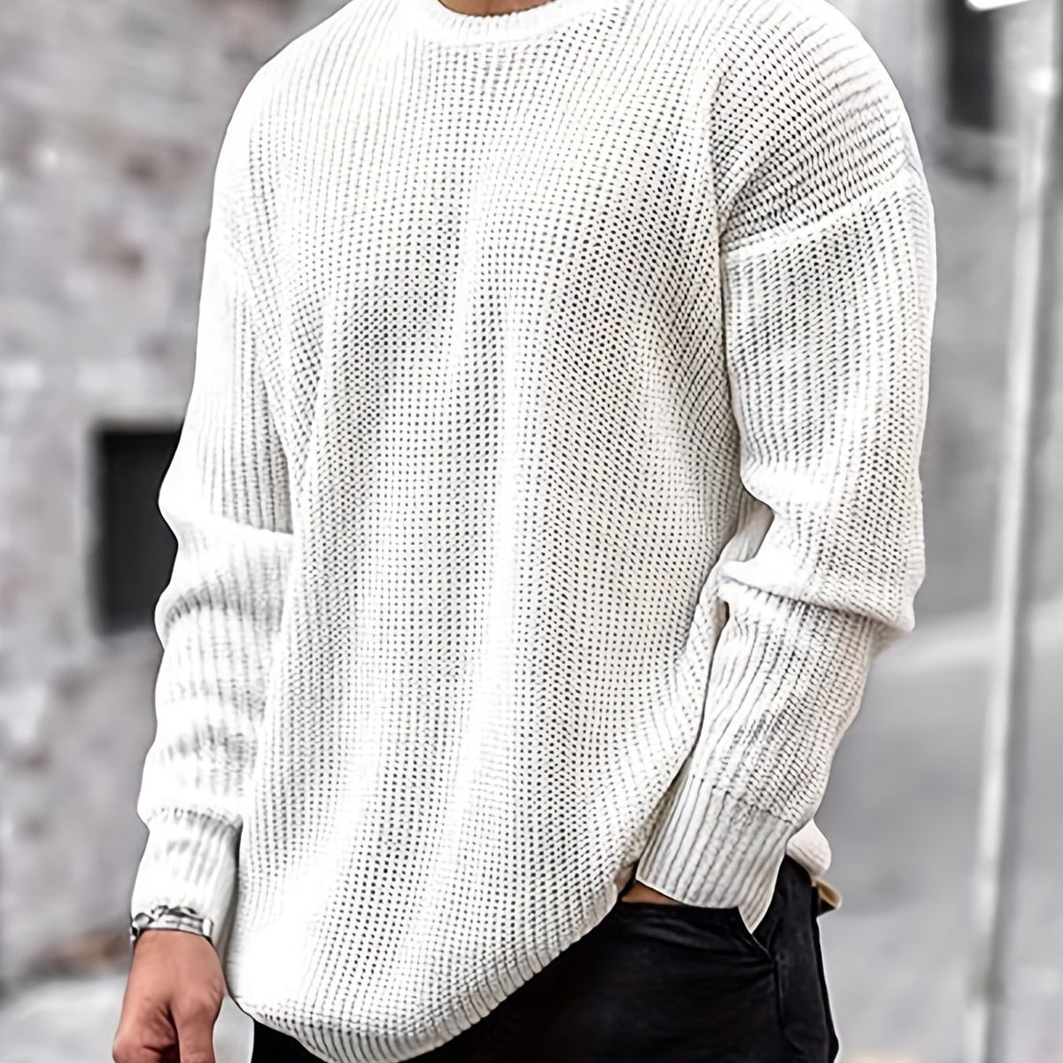 gbolsos  All Match Knitted Sweater, Men's Casual Warm Mid Stretch Round Neck Pullover Sweater For Fall Winter