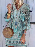 Tribal Print V Neck 3/4 Sleeve Summer Dress, Bohemian Loose Casual Beach Vacation Dress, Women's Clothing