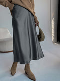 Retro Satin Maxi Skirts, Casual Solid High Waist Vintage Fashion Summer Skirts, Women's Clothing