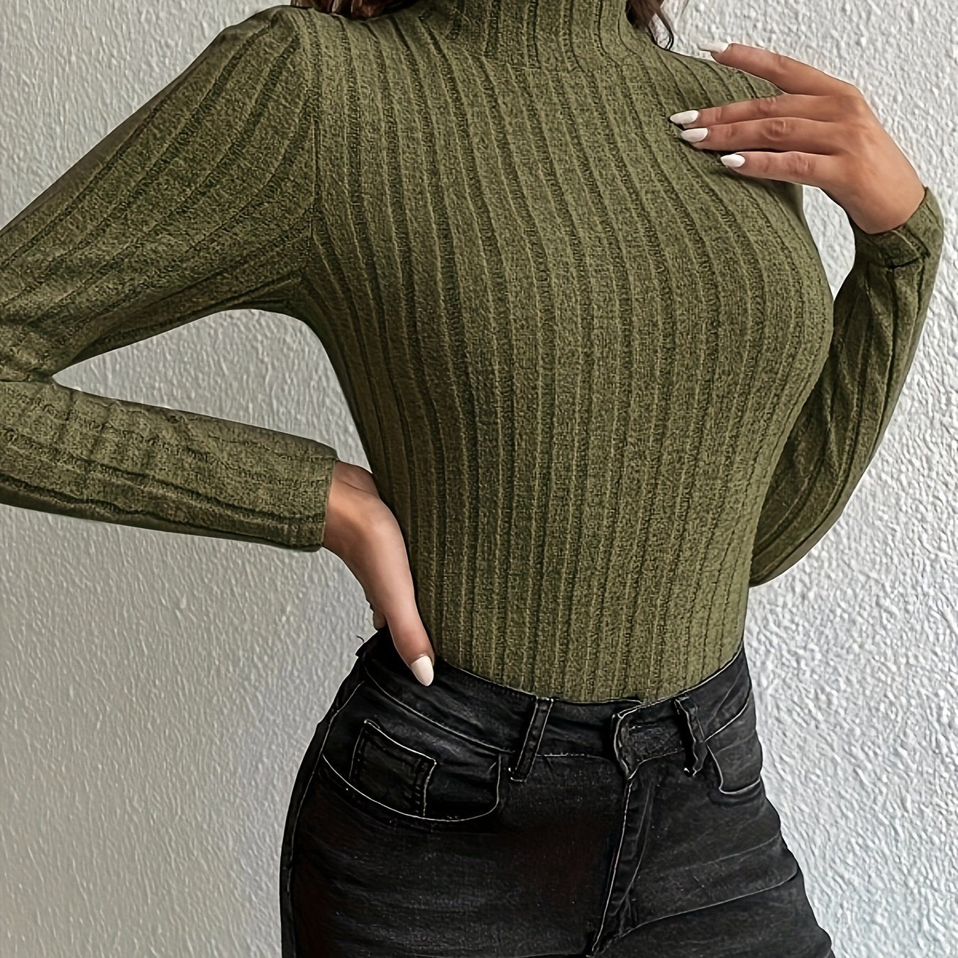 gbolsos  Solid Turtleneck Knit Top, Elegant Slim Long Sleeve Sweater For Spring & Fall, Women's Clothing
