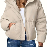 Plus Size Casual Coat, Women's Plus Solid Quilted Long Sleeve Zip Up Lapel Collar Puffer Coat With Pockets