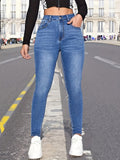 gbolsos  Blue Slim Fit Skinny Jeans, High Stretch Slant Pockets Casual Tight Jeans, Women's Denim Jeans & Clothing