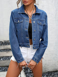 Blue Long Sleeves Denim Coats, Single-Breasted Button Flap Pockets Cropped Lapel Denim Jackets, Women's Denim Clothing