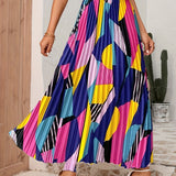 Geo Print Pleated Skirts, Casual High Waist Maxi Skirts, Women's Clothing