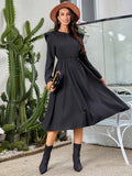 Solid Cinched Waist Midi Dress, Elegant Crew Neck Long Sleeve Dress, Women's Clothing