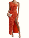 Sequined One Shoulder Split Dress, Elegant Bodycon Dress For Party & Banquet, Women's Clothing