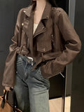 Solid Zipper Lapel Belted Biker Jacket, Vintage Long Sleeve Crop Jacket For Fall & Winter, Women's Clothing