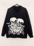 gbolsos  Plus Size Men's Skull Graphic V-Neck Knit Sweaters Long Sleeve With Hollow Edge Solid Color Casual Knitted Sweaters Halloween Sweaters, Best Sellers