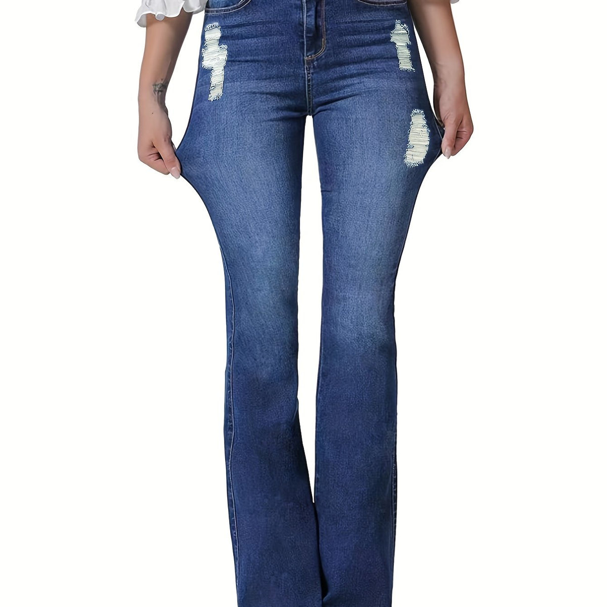 gbolsos  Blue Double Button Flare Jeans, High Waist Ripped Holes High Stretch Versatile Bell Bottom Jeans, Women's Denim Jeans & Clothing