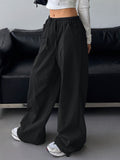 gbolsos  Drawstring Wide Leg Pants, Casual Solid Pocket Loose Pants, Women's Clothing