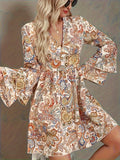 Paisley Print Layered Dress, Boho V Neck Long Sleeve Pleated Dress, Women's Clothing