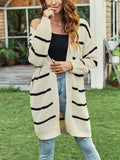 Striped Open Front Drop Shoulder Knit Cardigan, Casual Long Sleeve Cardigan For Fall & Winter, Women's Clothing