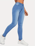 gbolsos  High Rise Solid Color Skinny Jeans, High Stretch Zipper Button Closure Sexy Denim Pants, Trendy Pants For Every Day, Women's Denim Jeans & Clothing