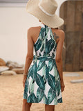 Leaf Print Halter Neck Dress, Boho Sleeveless Tie Front Dress For Spring & Summer, Women's Clothing