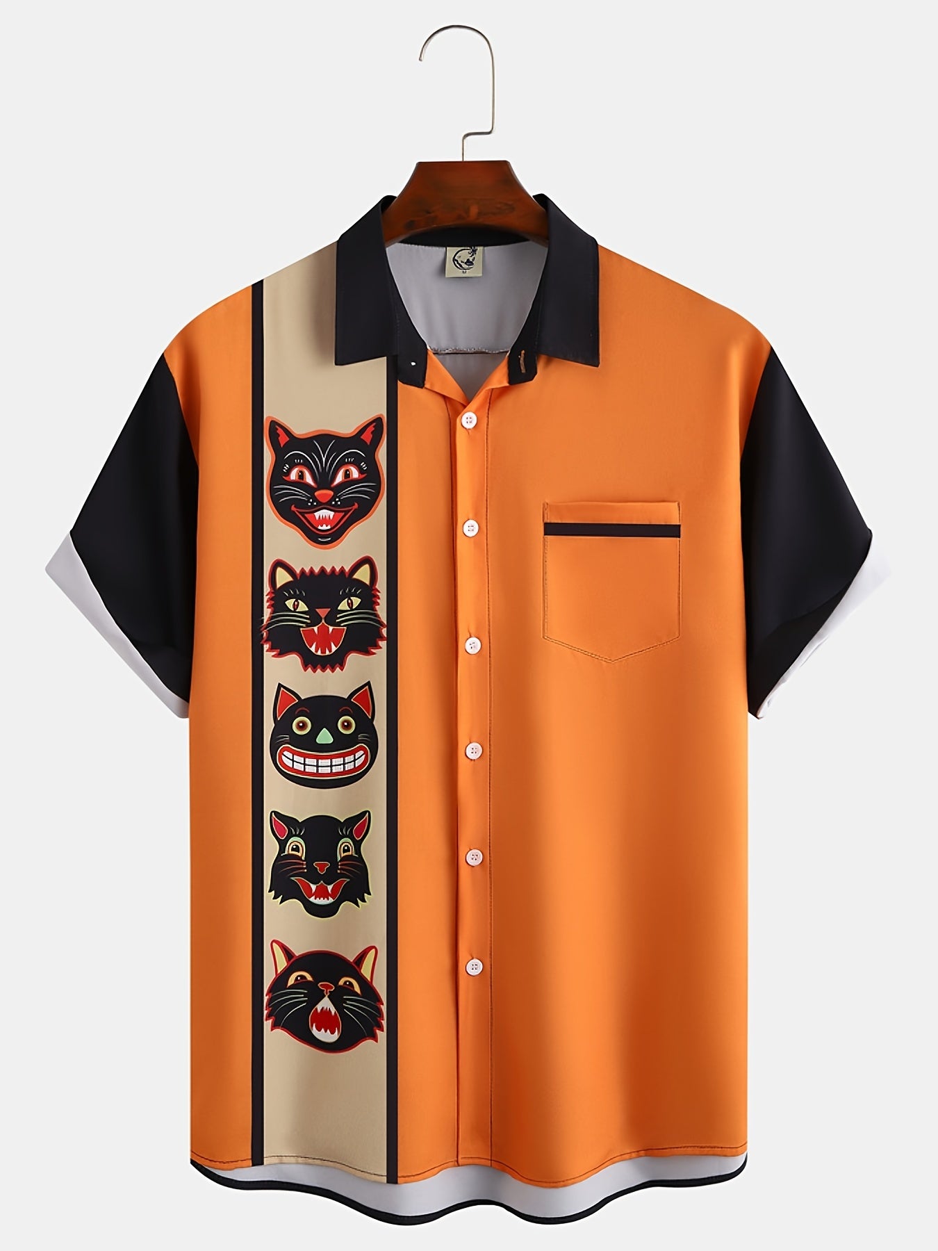 gbolsos   Halloween Cat Print Men's Casual Short Sleeve Shirt, Men's Shirt For Summer Vacation Resort, Tops For Men, Gift For Men