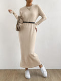 Solid Ribbed Knit Maxi Dress, Casual Crew Neck Long Sleeve Straight Maxi Dress For Fall & Winter, Women's Clothing