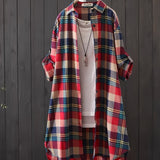 Plaid Print Button Front Shirt, Thigh Length Long Sleeve Shirt For Spring & Fall, Women's Clothing