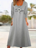 Ring Linked Solid Dress, Casual Long Sleeve Midi Dress, Women's Clothing