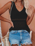 gbolsos  Hollow Knit Cami Top, Casual Solid V Neck Sleeveless Summer Cami Top, Women's Clothing
