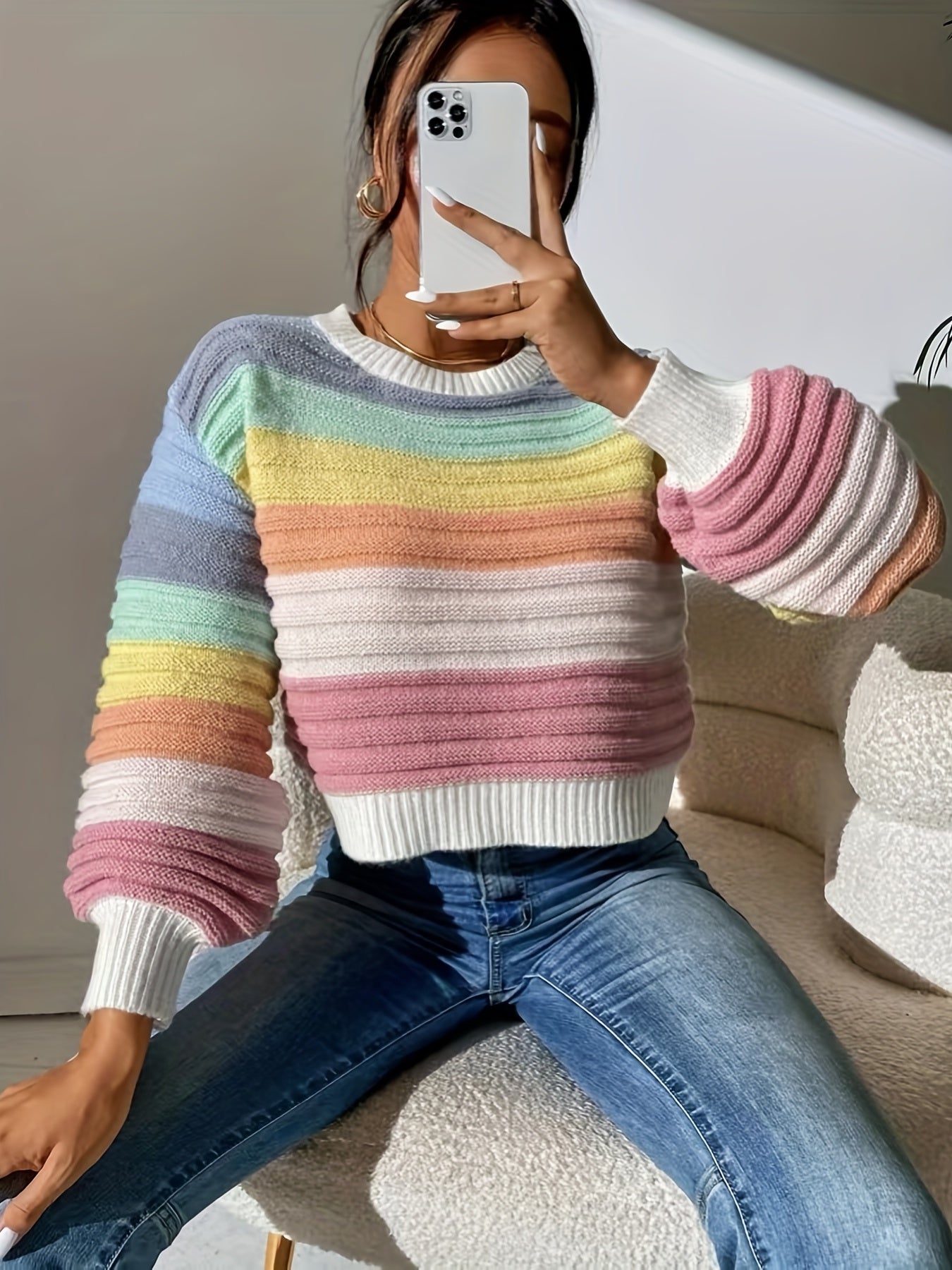 gbolsos  Striped Pattern Crew Neck Sweater, Casual Long Lantern Sleeve Sweater For Spring & Fall, Women's Clothing