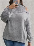 gbolsos   Plus Size Turtle Neck Cold Shoulder Jacquard Sweater, Women's Plus Casual Slight Stretch Knitwear Tops