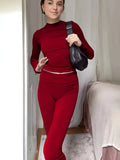 gbolsos  Solid Color Two-piece Set, Crew Neck Long Sleeve Top & Pants Outfits, Women's Clothing