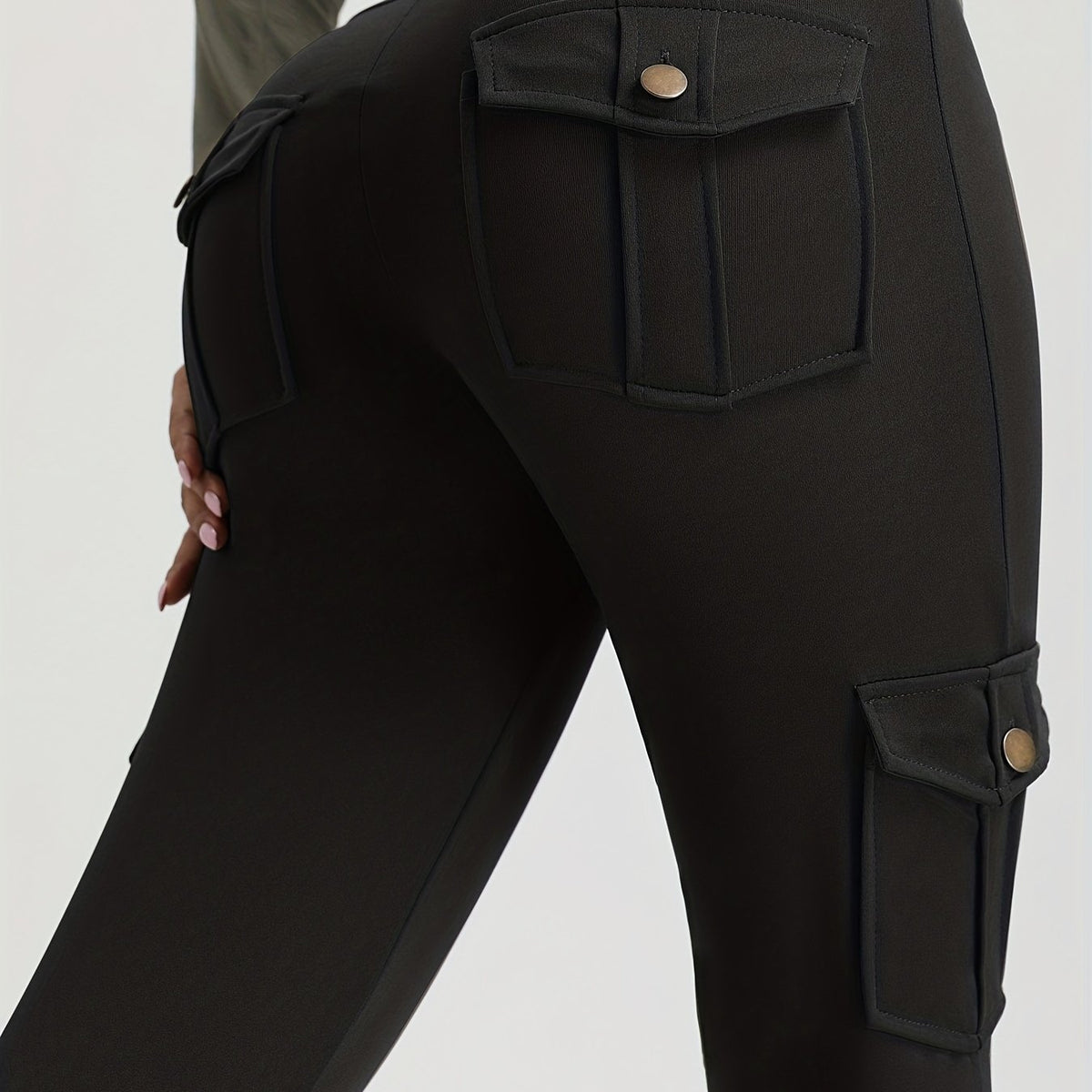 Cargo Leggings, Solid High Waist Casual Leggings For Spring & Fall, Women's Clothing