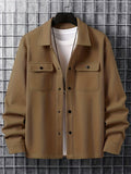 Plus Size Men's Solid Jacket With Pockets, Spring/autumn Button Up Jacket For Males, Men's Clothing