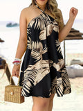 gbolsos  Plus Size Casual Cami Dress, Women's Plus Tropical Print Backless Halter Neck Slight Stretch Vacay Dress